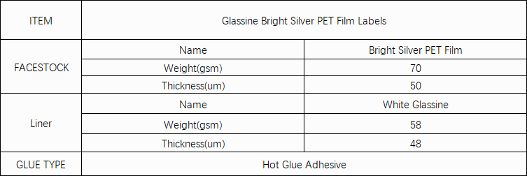 Glassine Bright Silver PET Film Labels